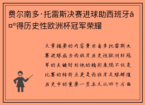 费尔南多·托雷斯决赛进球助西班牙夺得历史性欧洲杯冠军荣耀