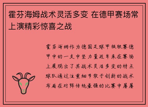 霍芬海姆战术灵活多变 在德甲赛场常上演精彩惊喜之战